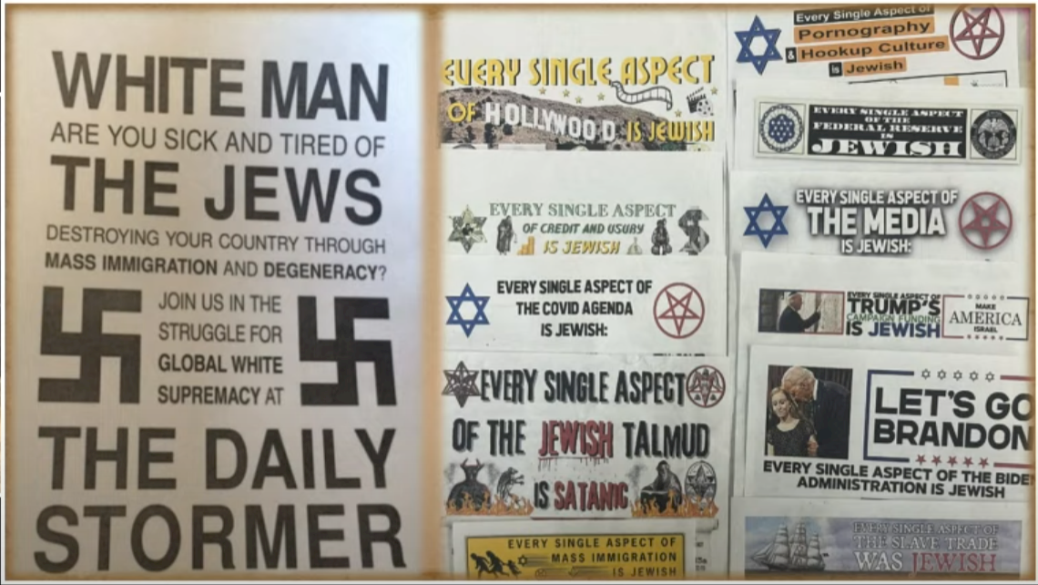 images of antisemitic posters and bumper stickers